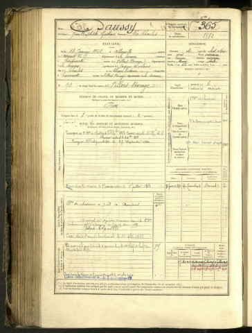 Daussy, Jean Baptiste Gustave, né le 13 janvier 1862 à Allonville (Somme, France), classe 1882, matricule n° 365, Bureau de recrutement d'Amiens