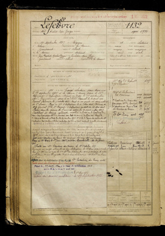 Lefevre, Abel Aristide César Georges, né le 14 septembre 1887 à Coigneux (Somme), classe 1907, matricule n° 1132, Bureau de recrutement de Péronne