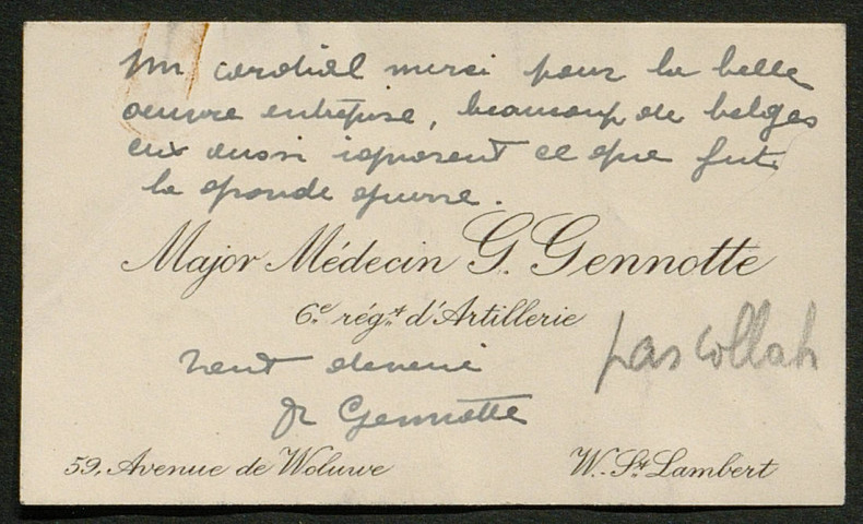 Témoignage de Gennotte, G. (Médecin major) et correspondance avec Jacques Péricard