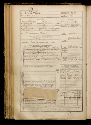 Dartus, Oscar Joseph, né le 31 octobre 1873 à Lebucquière (Pas-de-Calais), classe 1893, matricule n° 1136, Bureau de recrutement de Péronne