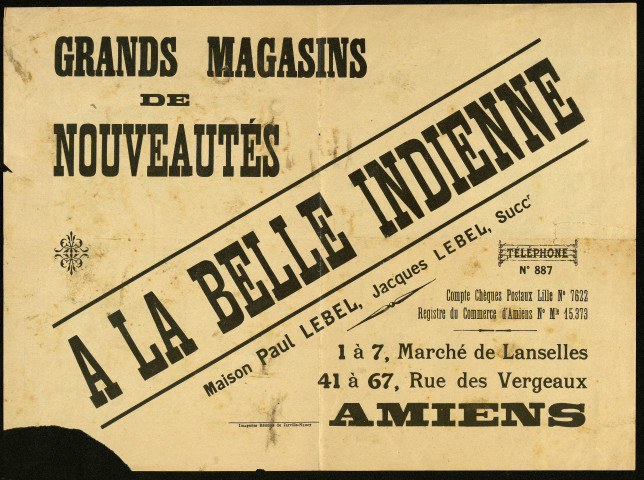 Publicité A LA BELLE INDIENNE, Maison Paul Lebel, Jacques Lebel successeur à Amiens