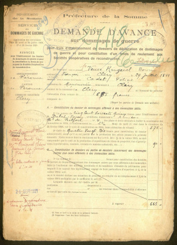 Cléry-sur-Somme. Demande d'indemnisation des dommages de guerre : dossier Ringeval-Cadet