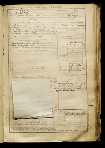 Potez, Alphonse Alfred, né le 11 septembre 1884 à Caix (Somme), classe 1904, matricule n° 725, Bureau de recrutement de Péronne