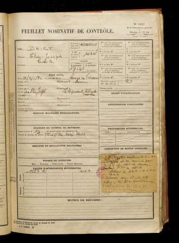 Briet, Elie Joseph Emile, né le 21 avril 1892 à Tours-en-Vimeu (Somme), classe 1912, matricule n° 1062, Bureau de recrutement d'Abbeville