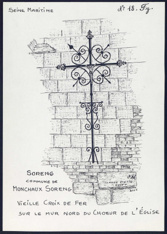 Soreng (commune de Monchaux-Soreng, Seine-Maritime) : vieille croix de fer sur le mur nord du choeur de l'église - (Reproduction interdite sans autorisation - © Claude Piette)