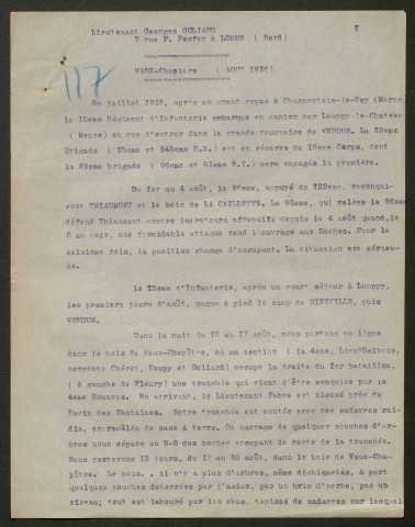 Témoignage de Goliard, Georges (Lieutenant) et correspondance avec Jacques Péricard