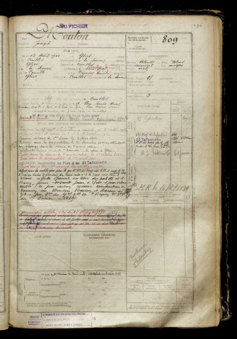 Mouton, Joseph, né le 13 août 1900 à Ytres (Pas-de-Calais), classe 1920, matricule n° 809, Bureau de recrutement de Péronne