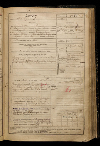 Leroy, Alfred Eugène, né le 23 septembre 1872 à Bergicourt (Somme), classe 1892, matricule n° 1127, Bureau de recrutement d'Amiens