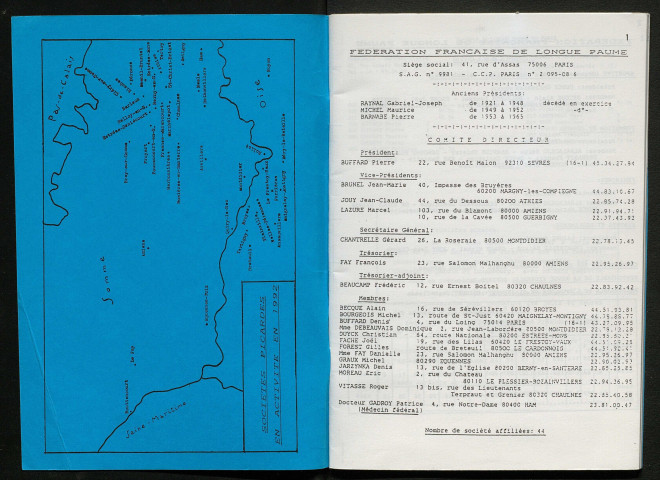 Opuscule (année 1992). Fédération française de Longue Paume : liste des sociétés, classement des joueurs et calendrier