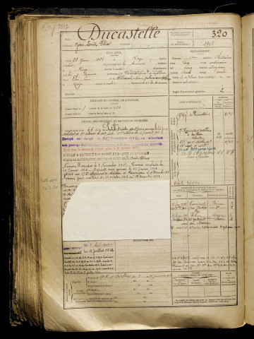Ducastelle, Jean Louis Félix, né le 23 juin 1889 à Roye (Somme), classe 1909, matricule n° 320, Bureau de recrutement de Péronne