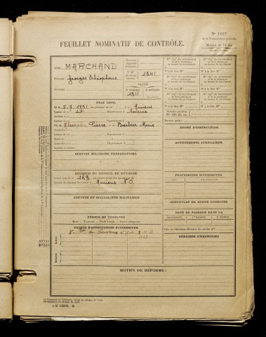 Marchand, Georges Théophane, né le 05 juillet 1891 à Amiens (Somme), classe 1911, matricule n° 1341, Bureau de recrutement d'Amiens