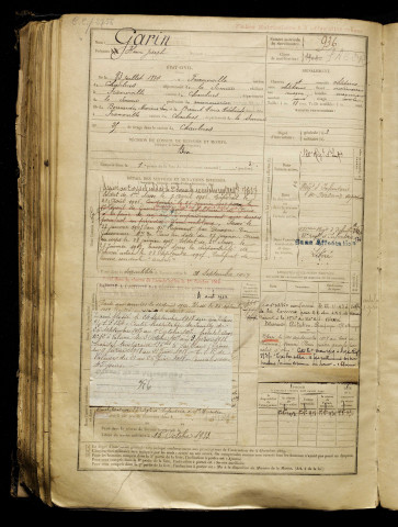 Garin, Henri Joseph, né le 23 juillet 1884 à Framerville-Rainecourt (Somme), classe 1904, matricule n° 936, Bureau de recrutement de Péronne