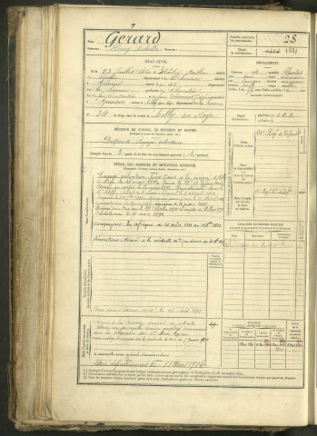 Gérard, Henry Achille, né le 23 juillet 1860 à Warloy-Baillon (Somme, France), classe 1880, matricule n° 28, Bureau de recrutement de Péronne
