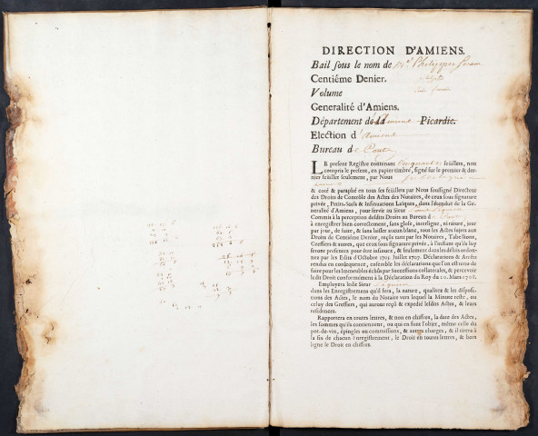 Centième denier du bureau de Conty pour la période du 24 septembre 1738 au 10 octobre 1740