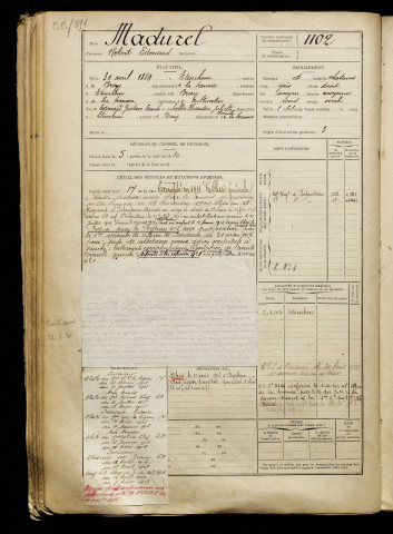 Madurel, Robert Edouard, né le 30 avril 1889 à Étinehem (Somme), classe 1909, matricule n° 1102, Bureau de recrutement de Péronne