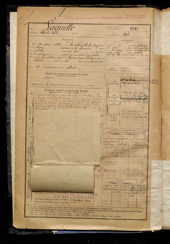 Vaquette, Charles Emile, né le 22 août 1875 à Neuville-lès-Bray (La) (Somme), classe 1895, matricule n° 981, Bureau de recrutement de Péronne