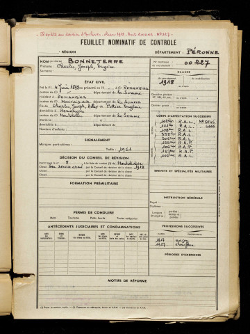 Bonneterre, Charles Joseph Eugène, né le 04 juin 1898 à Remaugies (Somme), classe 1918, matricule n° 227, Bureau de recrutement de Péronne