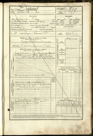 Dupont, Anthime Odon, né le 22 février 1861 à Pissy (Somme, France), classe 1881, matricule n° 710, Bureau de recrutement d'Amiens