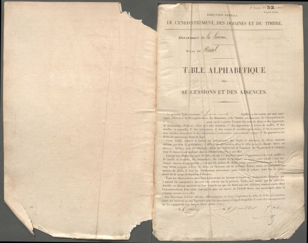 Table des successions et absences du bureau de Roisel