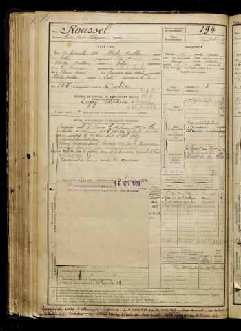 Roussel, Alcide Marie Philogène, né le 22 septembre 1880 à Warloy-Baillon (Somme), classe 1900, matricule n° 194, Bureau de recrutement d'Amiens