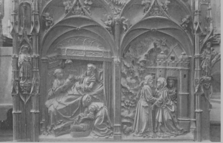 Cathédrale - Stalles du Choeur - 7è série, n° 3 - Panneaux de la Rampe B - 55 - La Naissance de Marie - La rencontre de Saint Joachim et de Saint Anne à la Porte Dorée