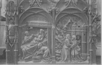 Cathédrale - Stalles du Choeur - 7è série, n° 3 - Panneaux de la Rampe B - 55 - La Naissance de Marie - La rencontre de Saint Joachim et de Saint Anne à la Porte Dorée