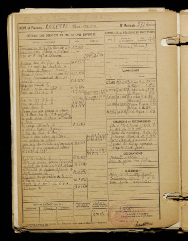 Cozette, Clovis Marceau, né le 16 mai 1887 à Camon (Somme), classe 1907, matricule n° 577, Bureau de recrutement d'Amiens