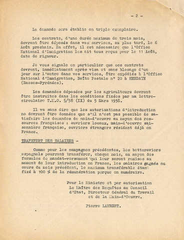 Recrutement d'ouvriers saisonniers espagnols pour la campagne betteravière de l'année 1958