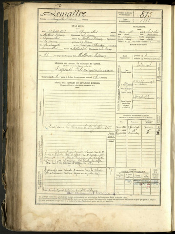 Lemaître, Auguste Frédéric, né le 23 août 1861 à Quevauvillers (Somme, France), classe 1881, matricule n° 875, Bureau de recrutement d'Amiens