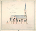 Eglise : plan en élévation de la façade longitudinale par l'architecte Paul Delefortrie