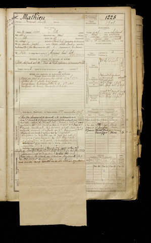 Mathieu, Fernand Emile, né le 31 mai 1881 à Lille (Nord), classe 1901, matricule n° 1225, Bureau de recrutement d'Amiens