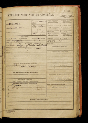 Devismes, Camille Denis, né le 13 février 1892 à Cahon (Somme), classe 1912, matricule n° 376, Bureau de recrutement d'Abbeville
