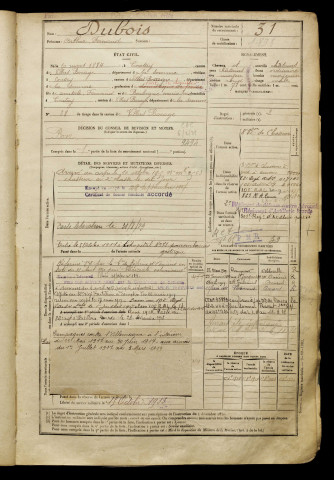 Dubois, Arthur Fernand, né le 10 mars 1884 à Contay (Somme), classe 1904, matricule n° 31, Bureau de recrutement d'Amiens