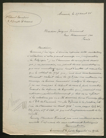 Témoignage de Cambier (Lieutenant colonel) et correspondance avec Jacques Péricard