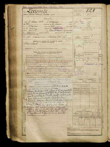 Lecomte, Georges Edmond Eugène, né le 01 février 1884 à Amiens (Somme), classe 1904, matricule n° 828, Bureau de recrutement d'Amiens