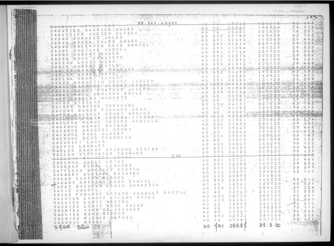 Table alphabétique du contingent 1940 - lettres S à Z : bureaux de recrutement de la Deuxième Région Militaire (Départements du Nord, du Pas de Calais, de l'Aisne, de l'Oise, de la Somme, de l'Eure et de la Seine-Maritime)