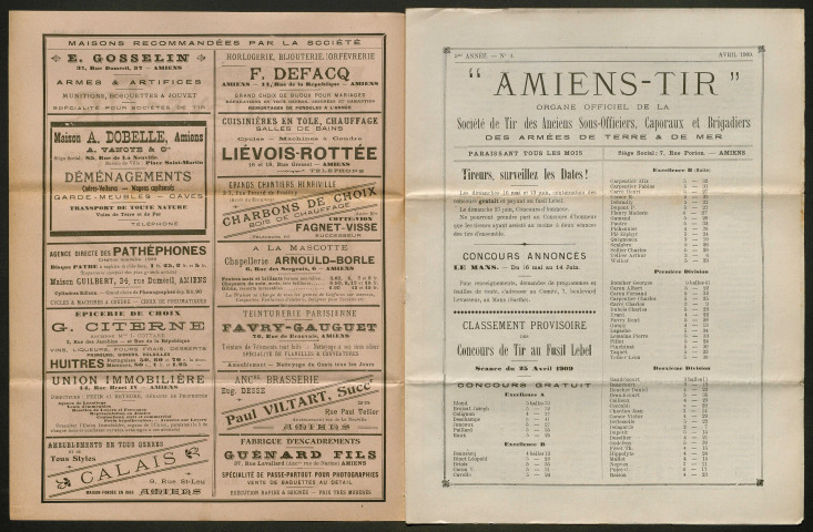 Amiens-tir, organe officiel de l'amicale des anciens sous-officiers, caporaux et soldats d'Amiens, numéro 4 (avril 1909)