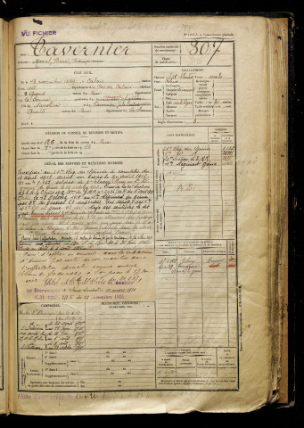 Tavernier, Marcel Henri François, né le 13 novembre 1899 à Calais (Pas-de-Calais), classe 1919, matricule n° 307, Bureau de recrutement d'Abbeville