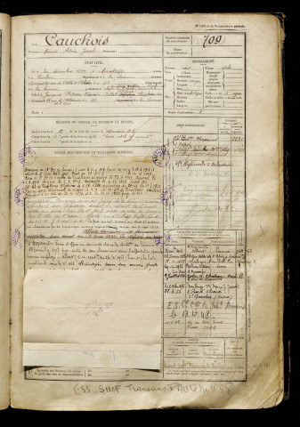 Cauchois, Maurice Adrien Joseph, né le 30 décembre 1899 à Marcelcave (Somme), classe 1919, matricule n° 709, Bureau de recrutement d'Amiens