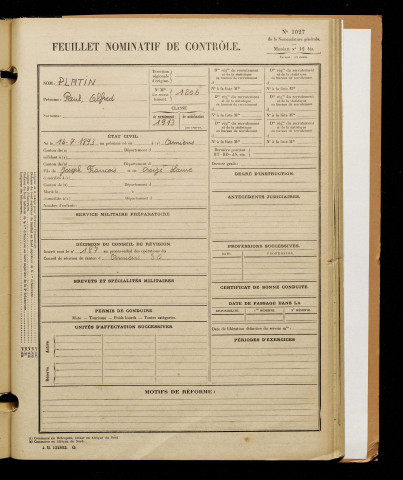 Platin, Paul Alfred, né le 14 juillet 1893 à Amiens (Somme), classe 1913, matricule n° 1206, Bureau de recrutement d'Amiens