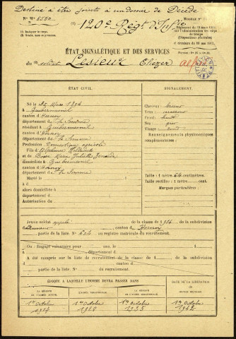 Lesieur , Eliézer Alfred, né le 30 mars 1894 à Guibermesnil (Somme), classe 1914, matricule n° 604, Bureau de recrutement d'Amiens