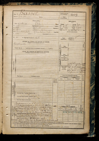 Basset, Gaston Alexandre, né le 27 juillet 1871 à Corbie (Somme), classe 1891, matricule n° 1009, Bureau de recrutement d'Amiens