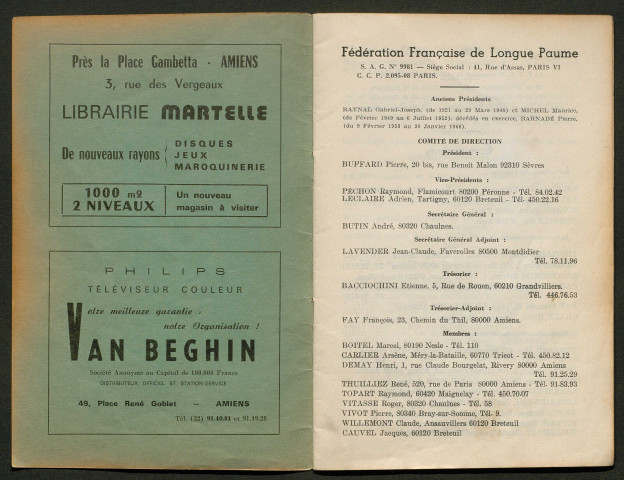 Opuscule (année 1975). Fédération française de Longue Paume : liste des sociétés, classement des joueurs et calendrier
