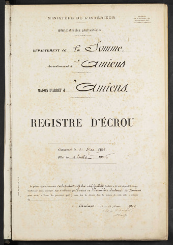 Maison d'arrêt d'Amiens. Arrêt. Registre d'écrou : numéros 1 à 597. 31 mai 1905 - 03 juillet 1906