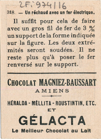 Chocolat Magniez-Baussart, Amiens. Image 318 : un réchaud avec un fer électrique