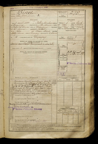 Binet, Julien Joseph Edouard, né le 03 août 1882 à Belloy-sur-Somme (Somme), classe 1902, matricule n° 279, Bureau de recrutement d'Amiens