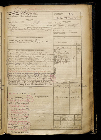 Dehapiot, François René Aimable, né le 29 mars 1899 à Conty (Somme), classe 1919, matricule n° 421, Bureau de recrutement de Péronne