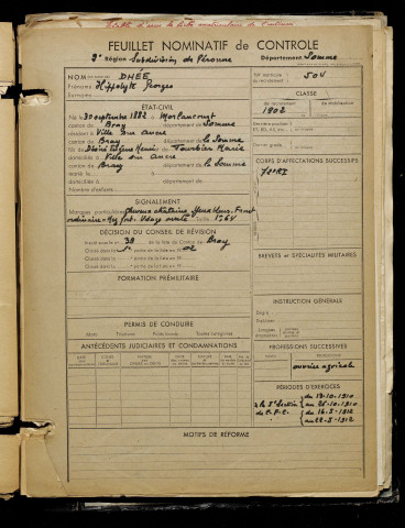 Dhée, Hippolyte Georges, né le 30 septembre 1882 à Morlancourt (Somme), classe 1902, matricule n° 504, Bureau de recrutement de Péronne
