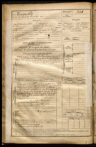 Traullé, Emile Louis Hippolyte, né le 12 août 1872 à Amiens (Somme), classe 1892, matricule n° 358, Bureau de recrutement d'Amiens