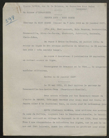 Témoignage de Vaysse, Pierre et correspondance avec Jacques Péricard